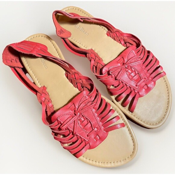 L.L.Bean Sandals Womens 7M Red Leather Flat Tassel Slingback Bow Artsy Boho - Picture 1 of 9